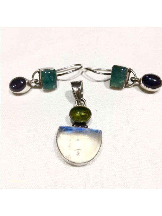 Jewelry - MOONSTONE, GEMSTONES STERLING SILVER PENDANT NECKLACE & EARRINGS SET